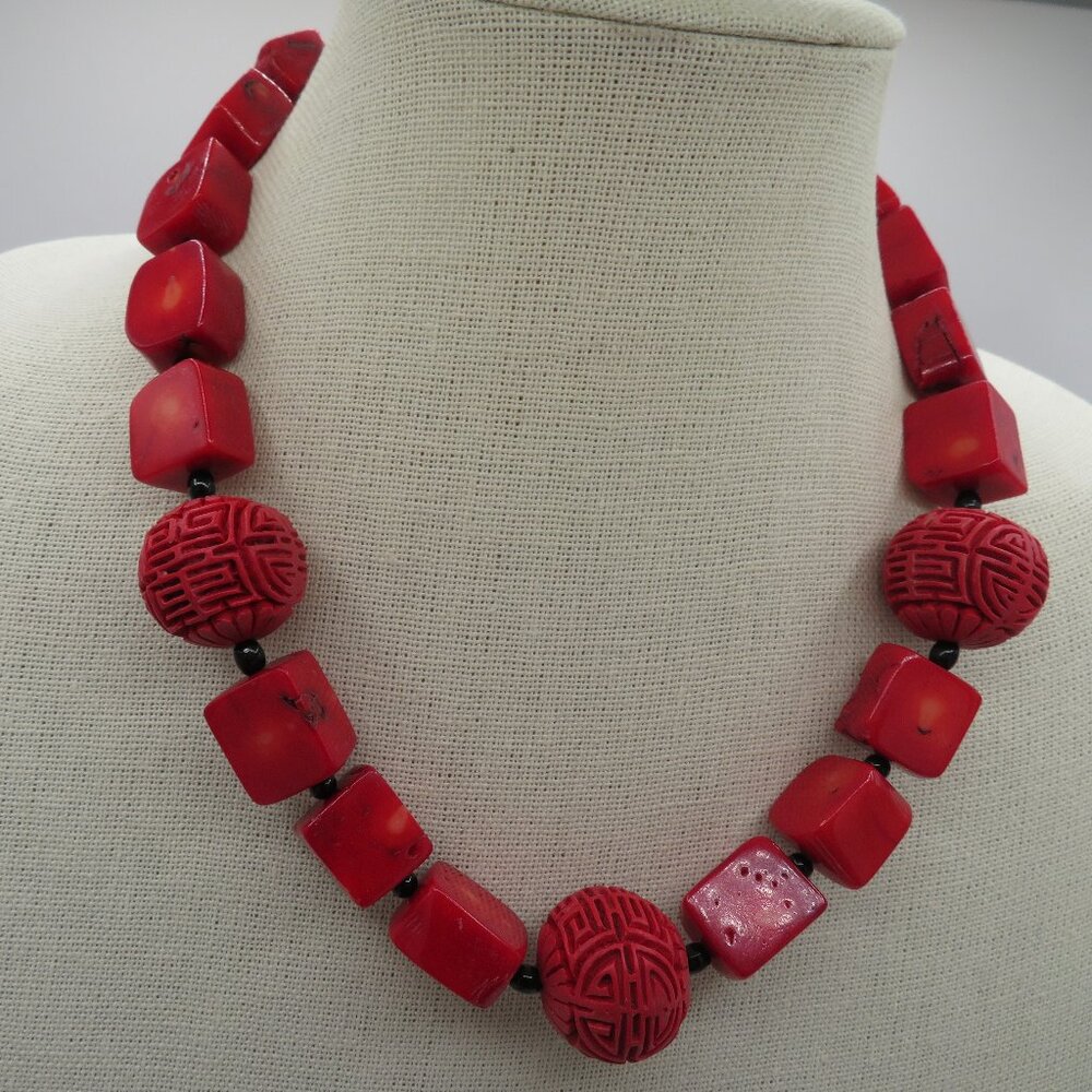Vintage Coral and Cinnabar Beaded Necklace  925 Toggle Clasp